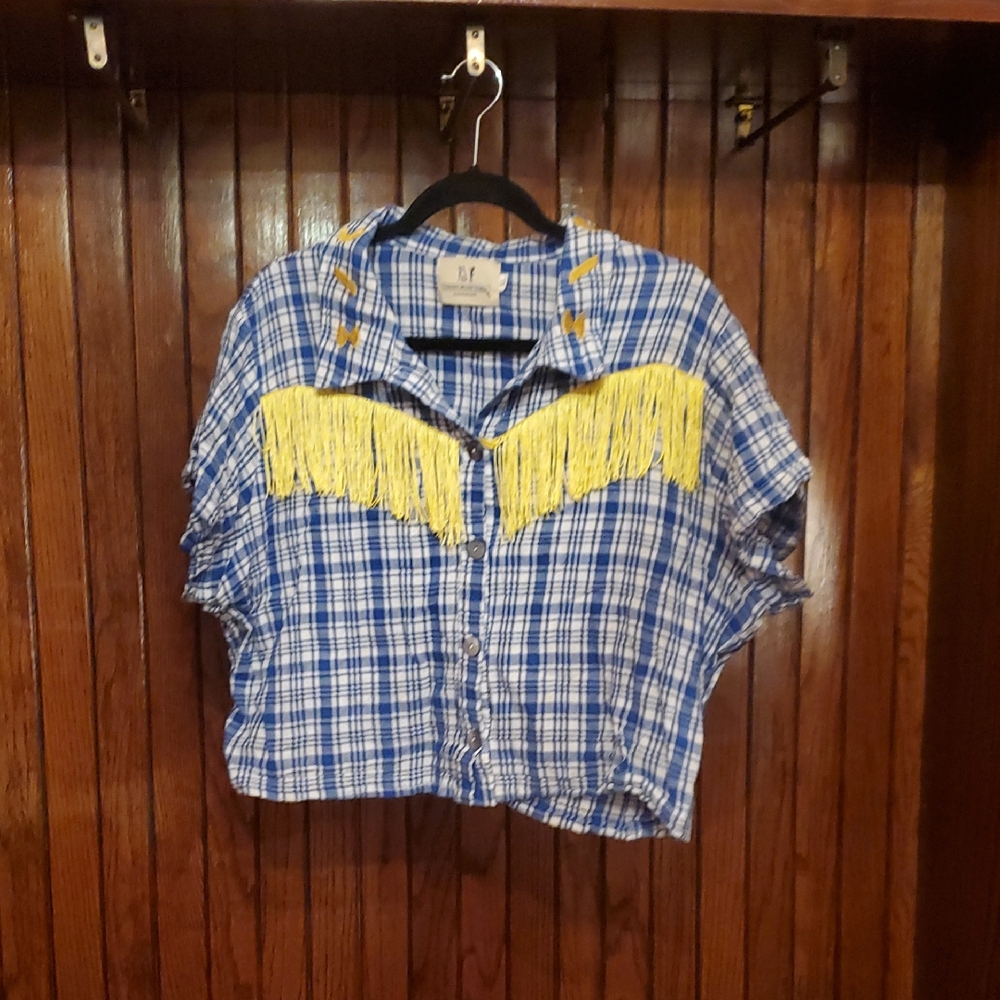 FASHION BRAND COMPANY By  Gazin SIZE XL LINEN Blue Plaid Fringe Button-Up Shirt
